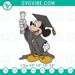 Graduate Mickey embroidery patterns, Disney graduation-themed stitch files for crafting.