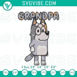 Grandpa Bob Heeler Bluey embroidery pattern files featuring cartoon family design for crafts, digital printing, or sewing projects.