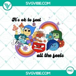 Colorful and empowering "Groovy Inside Out 2" PNG design featuring "It's Okay To Feel All The Feels" message in vibrant colors.
