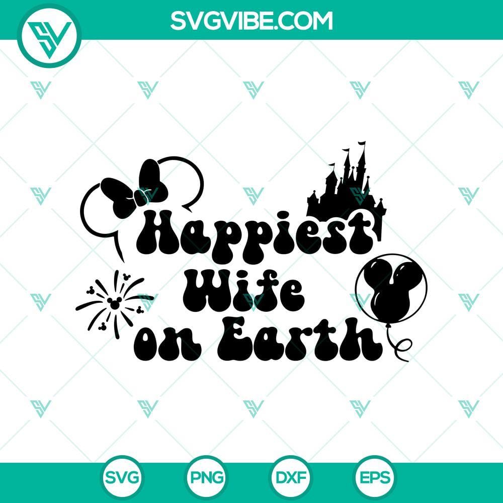 "Happy Disney Bride SVG, Newlywed Magic Kingdom SVG" Disney-themed bride and groom SVG design with Magic Kingdom castle in the background, perfect for newlyweds celebrating at the theme park.