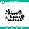 Cheerful Disney nurse Mickey Mouse with Earth and stethoscope, perfect for apparel & accessories. Cute nursing SVG design.