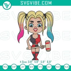 Harley Quinn chibi embroidery patterns, DC supervillain stitch design for crafting projects.
