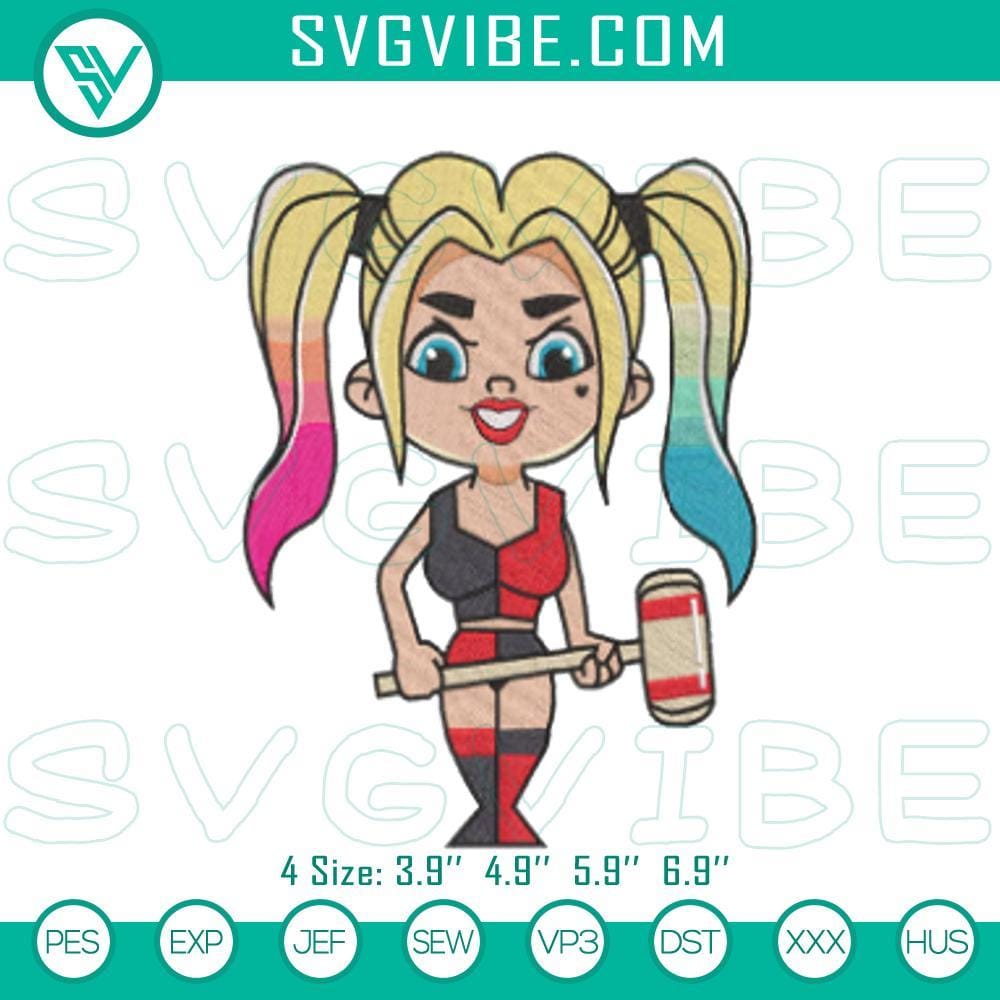 Harley Quinn Chibi Embroidery Patterns Files Harley Quinn chibi embroidery patterns, DC supervillain stitch design for crafting projects.