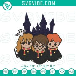 Chibi Harry Potter characters embroidery patterns, cute wizarding world stitch files with friends, magical designs for crafts.