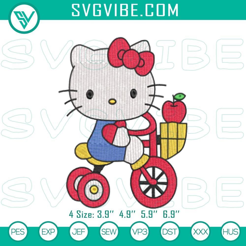 Hello Kitty Bike Ride & Apple Embroidery Patterns Hello Kitty bike ride and apple embroidery patterns, cute Sanrio design for digital product.