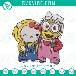 Hello Kitty & Minion dress-up embroidery patterns: cute mashup design, ideal for sewing projects.
