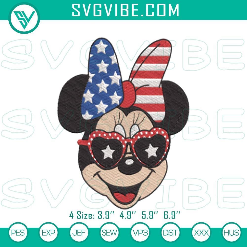 Independence Day USA Flag Minnie Mouse Embroidery Design USA flag Minnie Mouse embroidery design for Independence Day, Disney July 4th pattern with patriotic colors and festive theme.