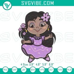 Isabela Madrigal & Encanto Disney embroidery patterns with floral magic stitch file, vibrant colors and intricate design.