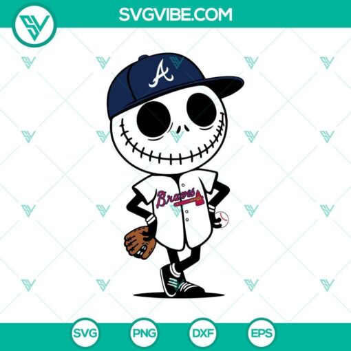 Jack Skellington in Halloween baseball attire, Atlanta Braves SVG PNG design for Halloween.