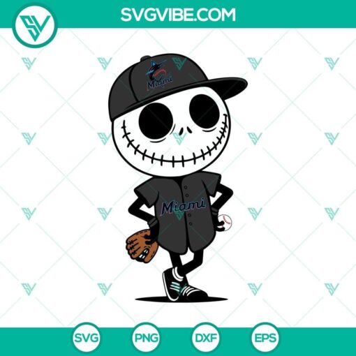 Jack Skellington Marlins Baseball SVG with Halloween theme for spooky Marlins fans. Great for DIY crafts.