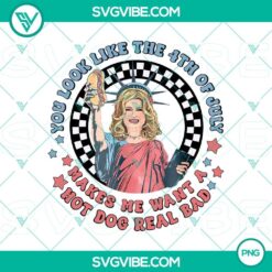 Jennifer Coolidge 4th of July quote PNG featuring a humorous Legally Blonde reference "Makes me want a hot dog real bad." Perfect for Independence Day designs.