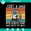 Funny raccoon dad SVG with milk, humorous design for fathers.