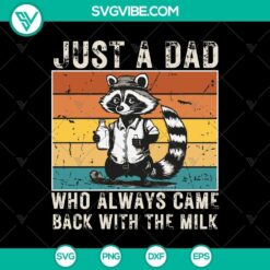 Funny raccoon dad SVG with milk, humorous design for fathers.