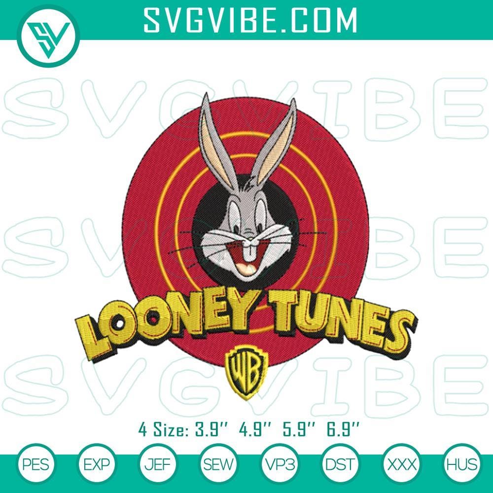 Looney Tunes Bugs Bunny Embroidered Design Files Vintage Bugs Bunny Looney Tunes embroidered design files with cartoon pattern, perfect for sewing projects.