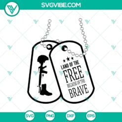 Military dog tags with patriotic Memorial Day SVG quote "Land of the Free Thanks to the Brave". Patriotic design for Memorial Day celebration.