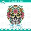 Mexican Calavera Sugar Skull Embroidery Patterns for Dia De Los Muertos with vibrant designs and traditional elements.