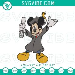 Mickey Mouse graduation cap embroidery pattern, Disney graduation stitch file for graduates, cute and festive design.