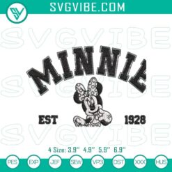 Vintage Minnie Mouse 1928 embroidery design file, retro Disney character, suitable for digital crafting projects.
