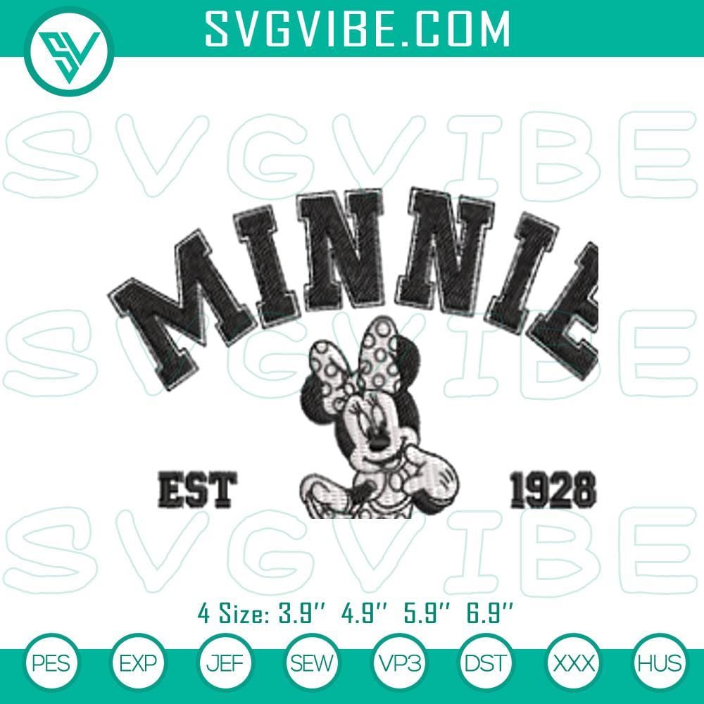 Minnie Mouse 1928 Embroidered Design for Machine Usage Vintage Minnie Mouse 1928 embroidery design file, retro Disney character, suitable for digital crafting projects.