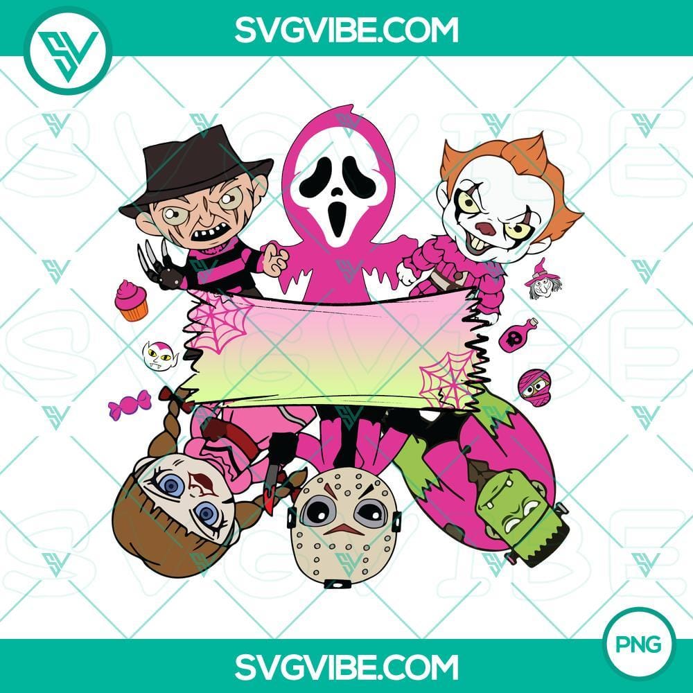 Personalized Halloween Name PNG with Pink Horror Characters Personalized Halloween Name PNG with Pink Horror Characters for custom spooky design with name in pink and creepy illustrations.