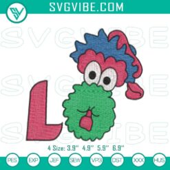 Phillie Phanatic in love embroidery pattern, featuring Philadelphia Phillies mascot design file for fans.