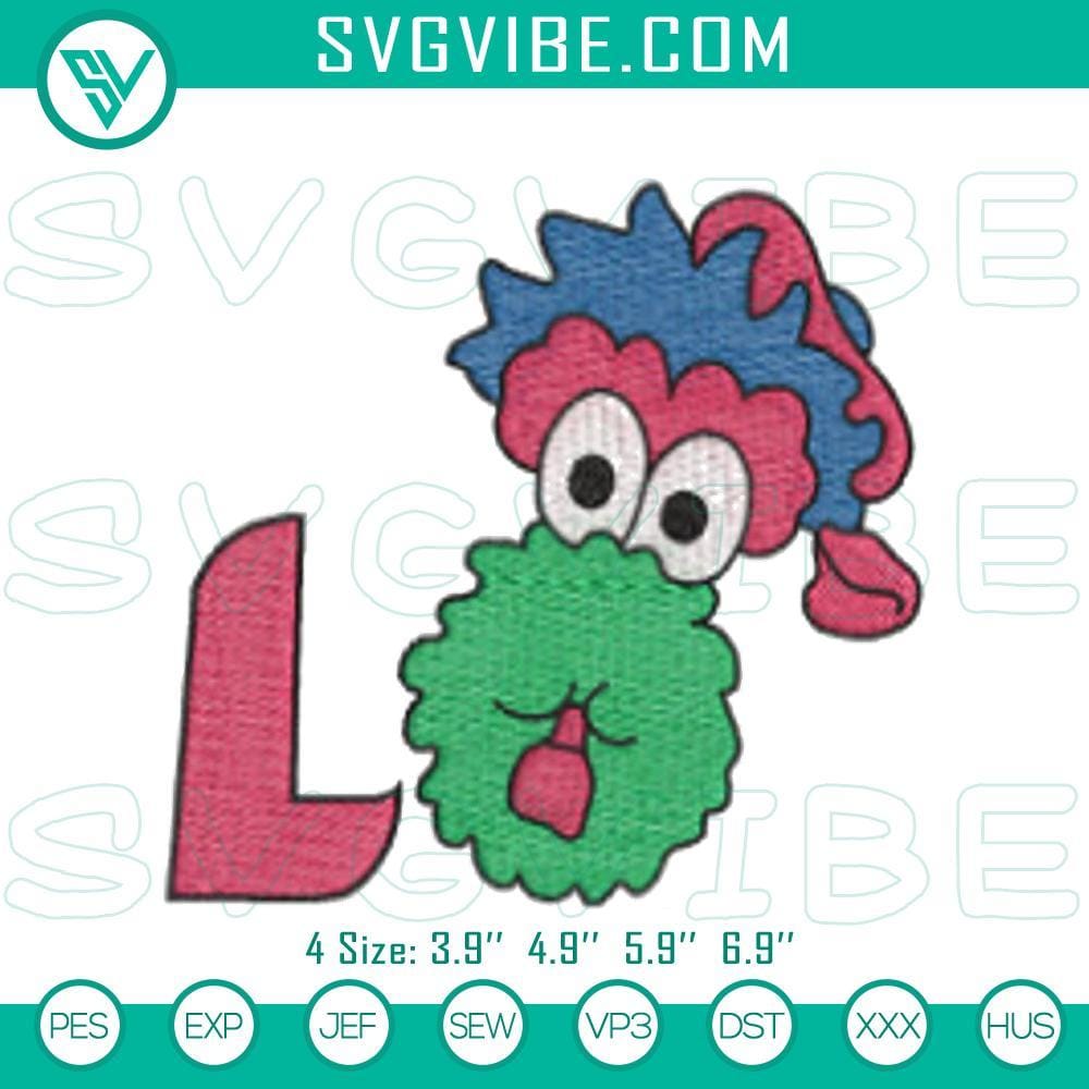 Phillie Phanatic Love Embroidered Pattern Phillie Phanatic in love embroidery pattern, featuring Philadelphia Phillies mascot design file for fans.