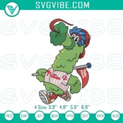 Phillies mascot Phillie Phanatic embroidery file featuring MLB team logo stitch design, ideal for baseball fans.