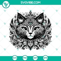 Queen Feline Mandala SVG design featuring intricate cat artwork suitable for digital crafting and printing.