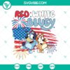 Red, white, and blue American flag themed SVG design for 4th of July celebrations, featuring Bluey Bingo character. Perfect for patriotic crafts.