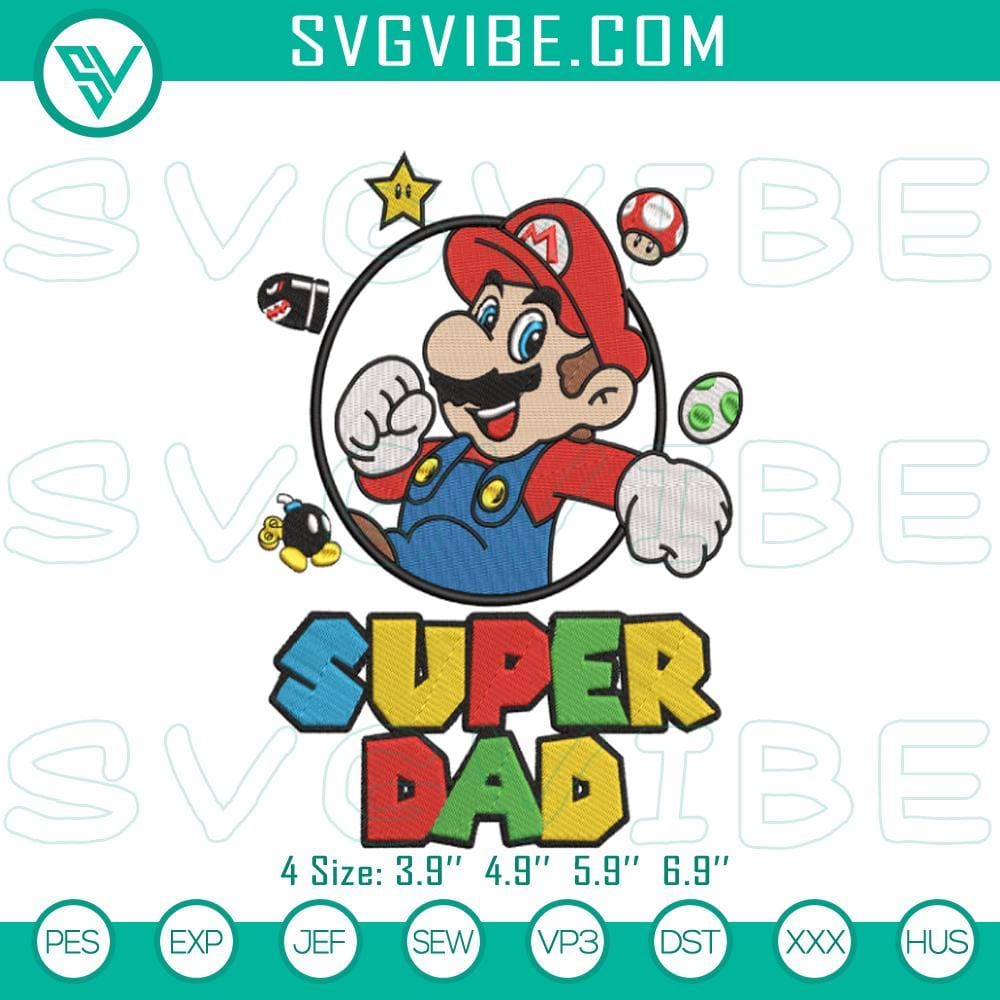 Super Dad Mario Bros Embroidery Pattern Super Dad Mario Bros embroidery pattern, perfect Father's Day gift for gaming dads, featuring iconic gaming characters.