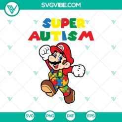 Super Mario inspired Autism Awareness design featuring puzzle piece and supportive message, available in SVG and PNG formats.
