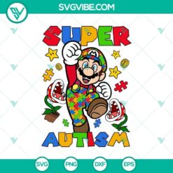 Super Mario themed Autism Support and Awareness SVG design featuring puzzle pieces, hearts, and the iconic character, ideal for autism advocacy.
