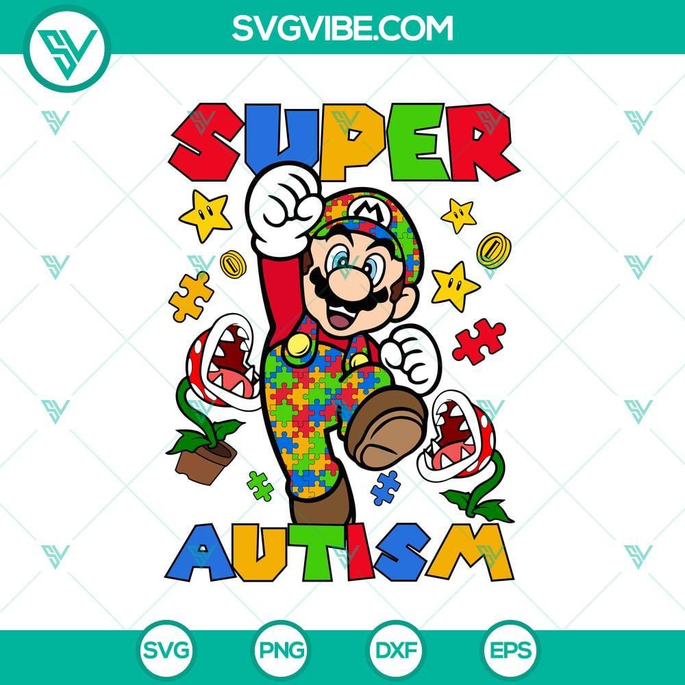 Super Mario Autism Support SVG, Autism Awareness SVG Super Mario themed Autism Support and Awareness SVG design featuring puzzle pieces, hearts, and the iconic character, ideal for autism advocacy.