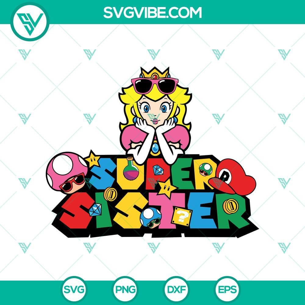 "Super Sister & Princess Peach SVG in Super Mario Theme" Super Sister & Princess Peach SVG in Super Mario Theme - Cute and vibrant character design featuring a sister and Princess Peach in a Super Mario theme.