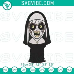 Valak the Nun stitch patterns, creepy Halloween embroidery designs on display.