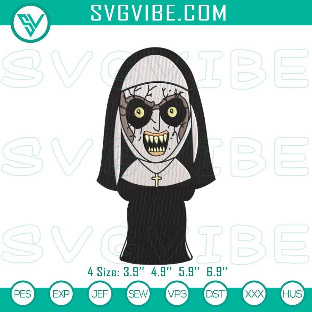 Valak The Nun Stitch Patterns, Creepy Halloween Embroideries Valak the Nun stitch patterns, creepy Halloween embroidery designs on display.