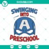 Captain America swinging into preschool SVG design for superhero kindergarten, in SVG and PNG format.