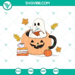 Cute Ghost Pumpkin Cup Reading SVG, Pumpkin Bookworm SVG, Halloween Pumpkin Cup SVG Cricut