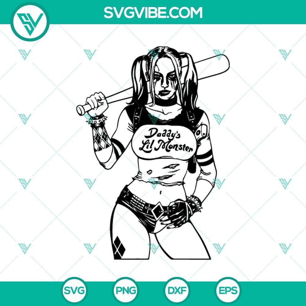 Daddy’s Lil Monster Harley Quinn SVG, Harley Quinn SVG PNG Harley Quinn SVG featuring "Daddy's Lil Monster" design in PNG format. Perfect for fans of DC Comics and Suicide Squad.