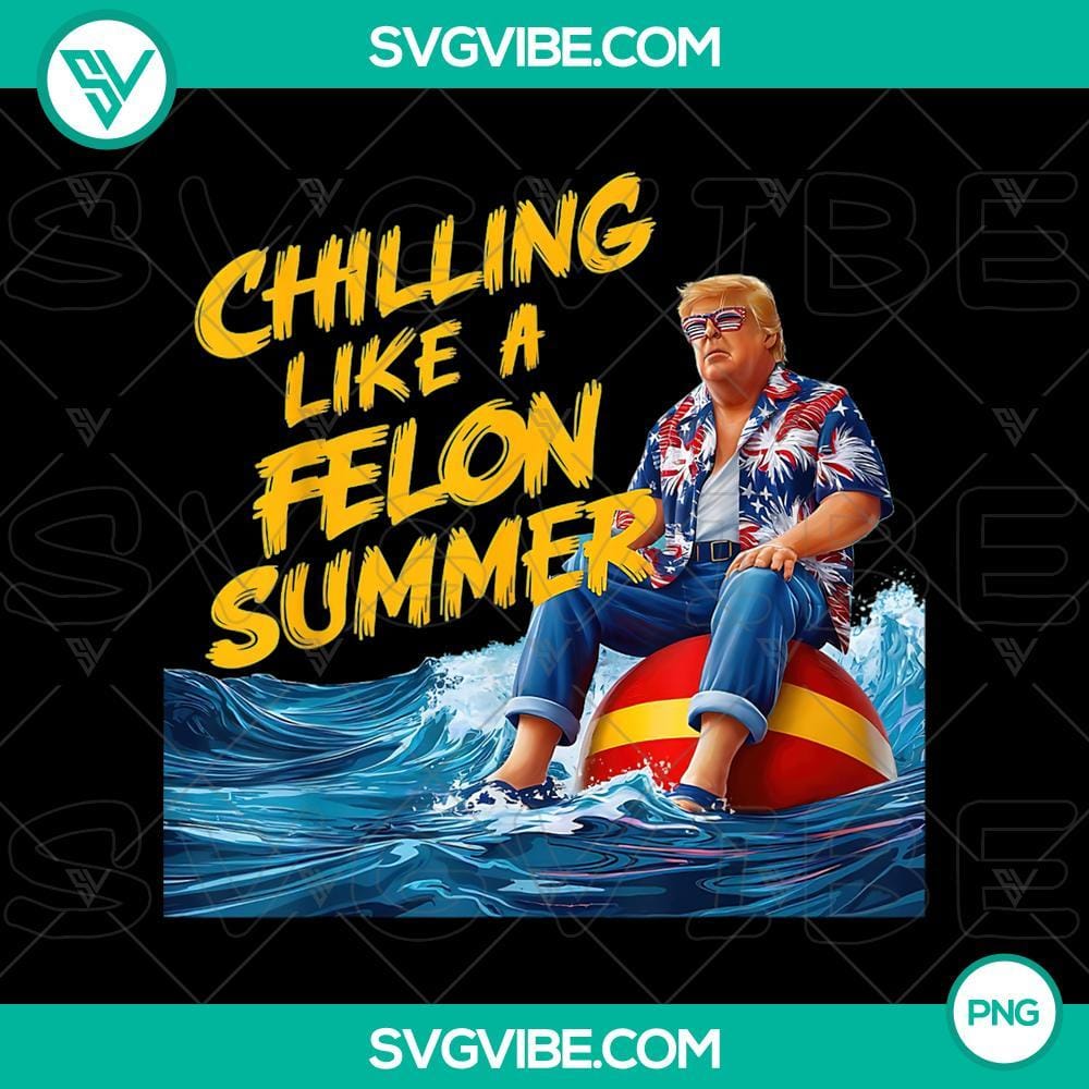 Donald Trump Chilling like a Felon Summer PNG Donald Trump summer themed cartoon illustration in PNG format, relaxing like a convict, ideal for designs and projects.