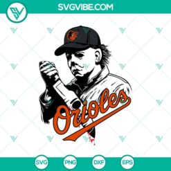 Spooky Michael Myers & Baltimore Orioles crossover SVG design for Cricut, featuring horror elements like knives & baseball team logo.