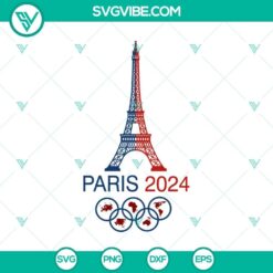 Paris 2024 Summer Olympics SVG PNG Cut Files with Eiffel Tower, Olympic rings, and sports icons in digital format.
