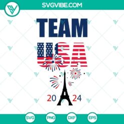 Team USA 2024 Olympics SVG and Paris 2024 Olympics SVG design with American and French flags, Eiffel Tower, Olympic rings.