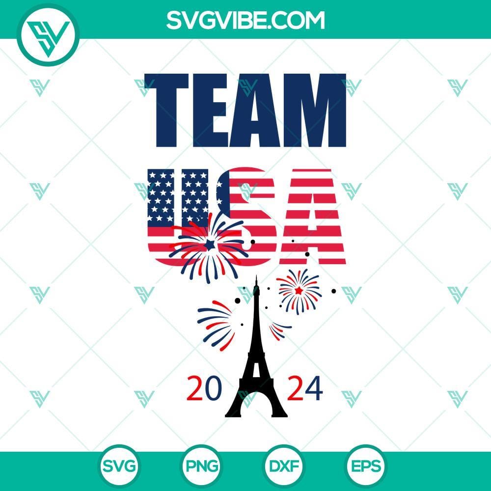 Team USA 2024 Olympics SVG, Paris 2024 Olympics SVG Team USA 2024 Olympics SVG and Paris 2024 Olympics SVG design with American and French flags, Eiffel Tower, Olympic rings.