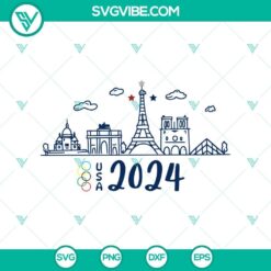 Team USA 2024 Paris Skyline, Eiffel Tower, and Olympics SVG design with patriotic elements for the Summer Olympics in Paris.