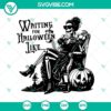 Skeleton lady holding a wine glass with a funny "Waiting For Halloween Like" quote in SVG format. Ideal for Halloween decor and crafts.