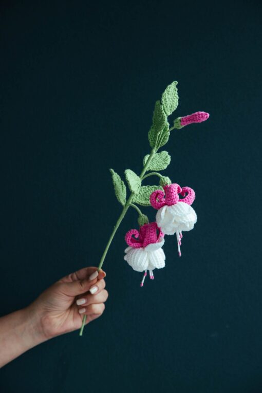 Fuchsia crochet flower pattern with video tutorial, PDF format.