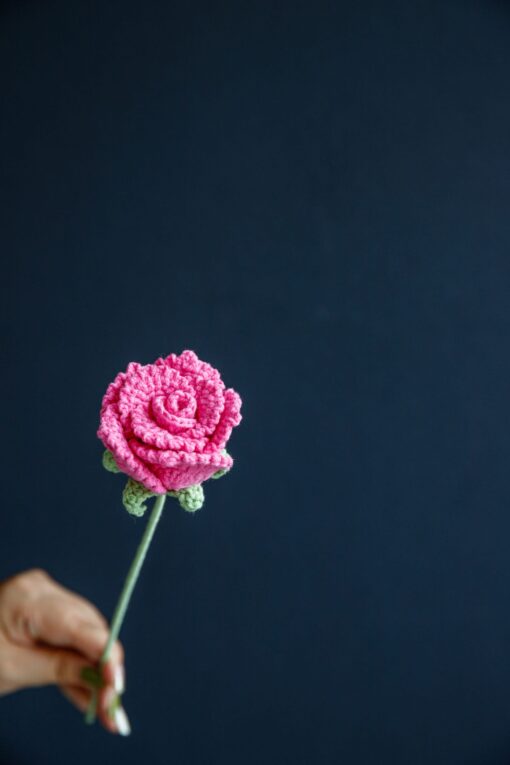 Crochet Roman Rose PDF Pattern with Free Video Tutorial, pink crochet rose design.