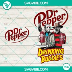 Horror-themed sublimation PNG of Jason Voorhees and Freddy Krueger as Drink Buddies with Dr Pepper, perfect for Halloween designs.