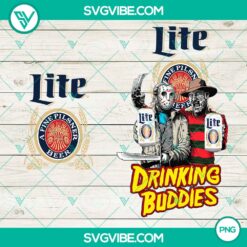 Jason Voorhees and Freddy Krueger drink buddies design with Miller Lite beer, horror sublimation PNG for digital use.